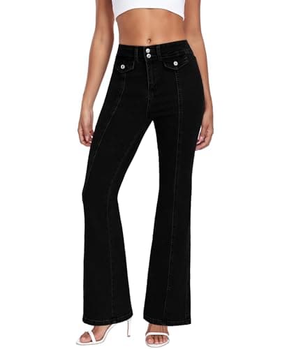 MARIASHA Jeans for Women Flared Leg Stretch High Wasited Printed Pocket Pants Black XL