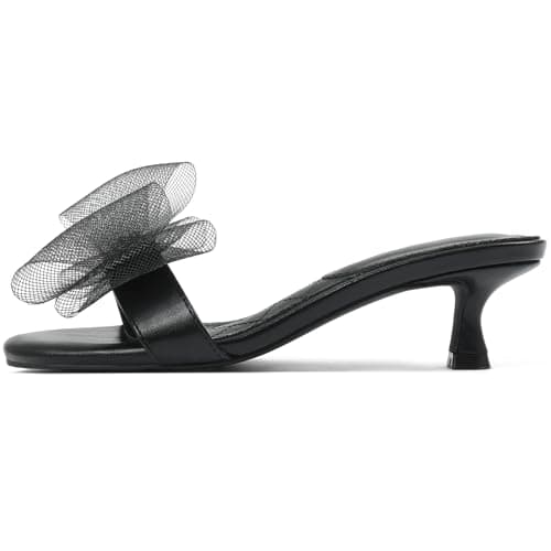 Tarkwa Kitten Heels for Women Open Round Toe Low Heels Sexy Vintage Mules with Bow Slip On Backless Heeled Sandals, Fashion Dress Shoes for Daily, Weeding, Party, Casual Black 6 - Image 1