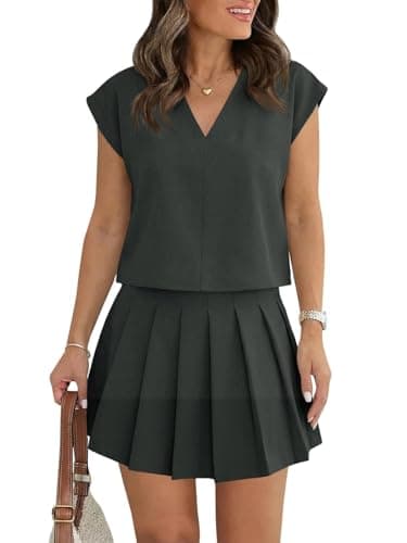 Wenrine Womens 2 Piece Outfits Casual V Neck Crop Tops Pleated Skort Skirts Sets Loose Summer Matching Lounge Sets - Image 1