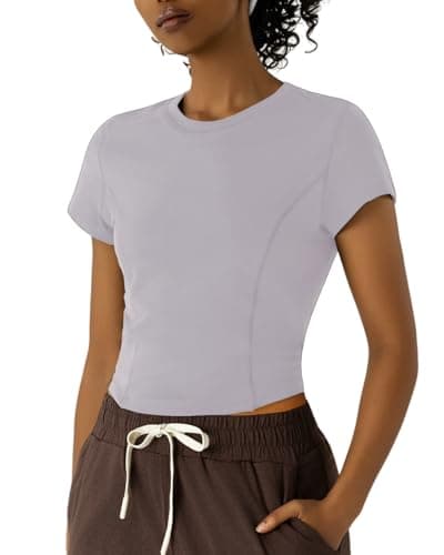 Leapstride Workout Tops for Women Athletic Tops Short Sleeve Shirts-Cropped Slim Fit Gym Running Yoga T Shirts Lavender Blue - Thumbnail 2