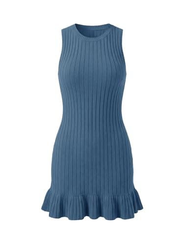 STOLKISS Women Summer Tank Dresses Sleeveless Crew Neck Basic Bodycon Mini Dress Casual Ribbed Knit with Ruffle Hem Sexy 2026 Navy Blue - Thumbnail 5