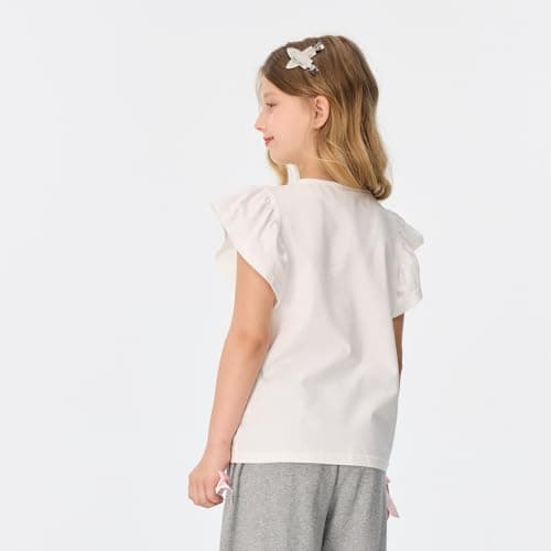 MIANZHI Girls Summer Shirts Kids Striped Ruffle Sleeve T Shirts Crew Neck Casual Tops Cute Short Sleeve Tees 5-14 Years Beige - Thumbnail 4