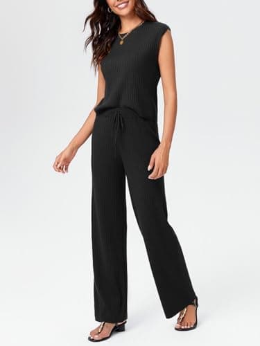 Imily Bela Womens 2 Piece Outfits Sleeveless Ribbed Knit Tops Wide Leg Pants Summer Vacation Sweater Matching Lounge Sets - Thumbnail 3