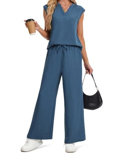 IEEILULU Two Piece Set for Women Summer Spring Outfits V Neck Sleeveless Tank Tops Wide Leg Pants Sets Vacation Travel Outfits Matching Sets (Blue, L) - Image 1