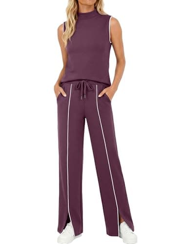 Casly Lamiit 2 Piece Sets for Women Summer Travel Outfits Sleeveless Top Striped Pants Sets Beach Vacation Clothing Grape Purple S - Image 1