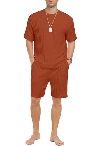 PrinStory Mens Pajamas Set Summer Pjs Sets Lightweight Short Sleeve Pajama Shorts Set Soft Sleepwear Loungewear with Pockets Caramel-XL - Thumbnail 4