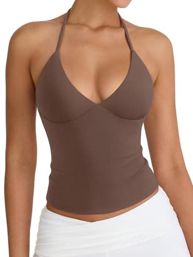 PINKMSTYLE Women Halter Tank Top Open Back Double Lined V Neck Cami Tops 2026 Fashion Club Date Night Outfits Chocolate Brown Small - Image 1