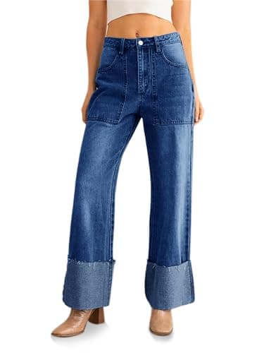 PLNOTME Womens Baggy Cuffed Jeans Casual Straight Leg Boyfriend Denim Pants with Pockets Navy - Image 1