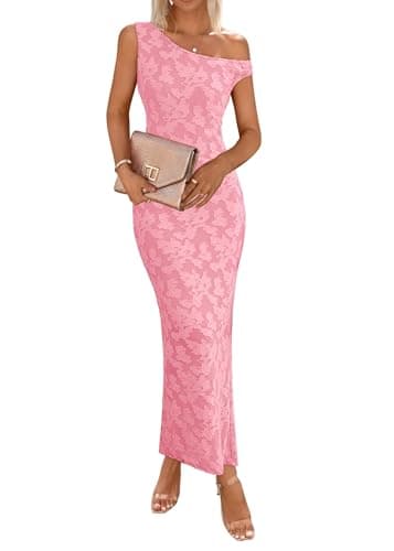 Lazysmile Women's Summer Floral Boho Maxi Dresses Off Shoulder Bodycon Elegant Party Wedding Guest Dress Pink - Image 1