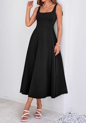 BTFBM Women Elegant Wedding Guest Dress Summer Square Neck Sleeveless Flowy A Line Formal Cocktail Party Maxi Dresses(Black, XX-Large) - Thumbnail 6