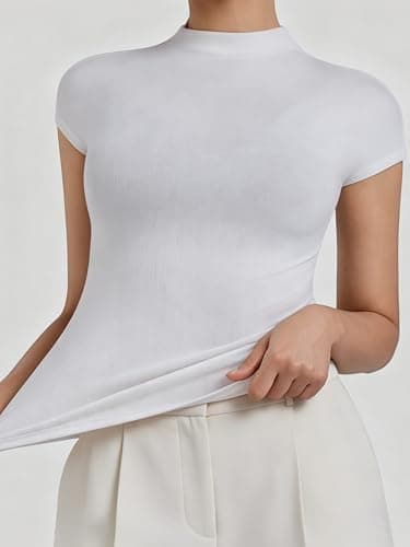 Sunzel Women's High Neck Short Sleeve Top Buttery Soft Stretch Breathable Fitted Sleek Going Out Tops Casual Summer Basic Tee White X-Small - Thumbnail 2