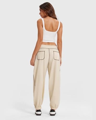 MOOSLOVER Women Baggy Casual Pants Cotton Lightweight Sweatpants Drawstring Mid Waist Athletic Lounge Joggers(M,Khaki) - Thumbnail 4