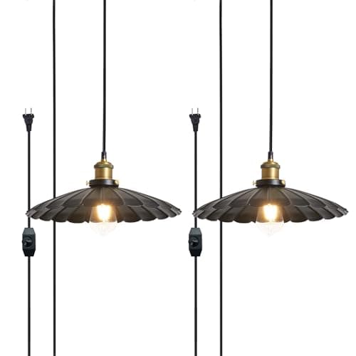 Oyisen Plug in Hanging Light,15.7 Inch Retro Black Metal Shade Plug in Hanging Lamp On/Off Switch Dining Room Hallway Vintage Hanging Pendant Light for Farmhouse 2Pack - Image 1