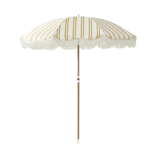 DEER LAND 6FT Stripe Fringe Beach Umbrella for Sand with Sand Anchor, UPF 50+ Sun Shade with Tassels, Adjustable Tilt Pole, Portable Coastal Umbrella for Beach & Pool, Heritage Mimosa Stripe - Image 1