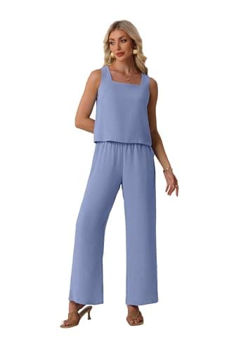 Lepunuo Women Casual 2 Piece Sets Sleeveless Tank Crop Top Matching Lounge Wide Leg Pants Sets Travel Vacation Outfits - Thumbnail 5