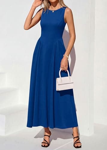 KIRUNDO Wedding Guest Dresses for Women 2026 Summer Semi Formal Work Sleeveless Elegant Boat Neck Flowy A Line Maxi Dress(Bright Blue, Large) - Thumbnail 5