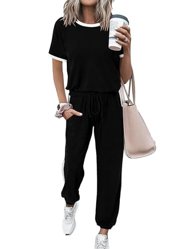 MASCOMODA Womens 2 Piece Outfits 2026 Summer Tracksuit Sets Short Sleeve Tops Travel Long Pants Jogger Lounge Set(Black,Large) - Image 1
