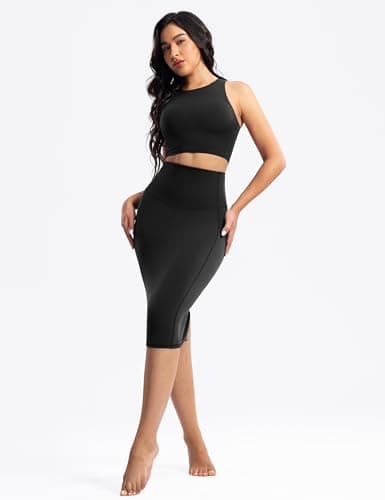 POSHDIVAH Creamluxe Postpartum High-Waist Midi Pencil Skirt for Women – Tummy Control Stretchy Business Below-Knee Skirt Black X-Large - Thumbnail 5