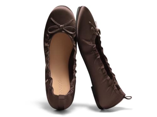 Coutgo Women's Ballet Flats, Bow Round Toe Slip On Dress Shoes Comfortable Flats for Work Casual, Chocolate Satin, Size 6.5 - Thumbnail 6