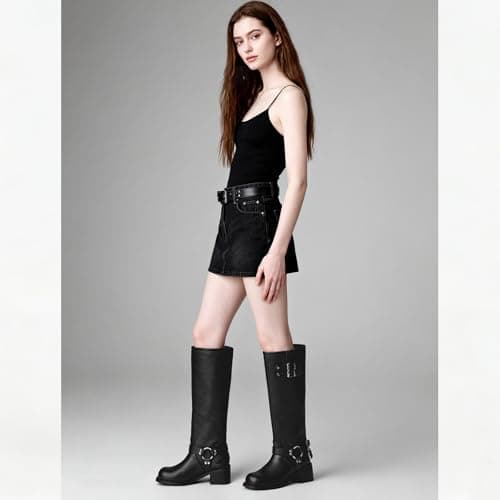 QIV Black Pebbled Knee High Motorcycle Boots for Women – Classic Harness Ring Mid Calf Riding Biker Boots with Buckle Straps & Low Block Heel Size 9.5 - Thumbnail 4