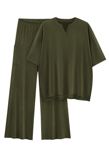 KIRUNDO Womens 2 Piece Matching Lounge Set Airport Travel Vacation Summer Outfits Oversized Short Sleeve Tops Wide Leg Pants(Army Green, Large) - Image 1