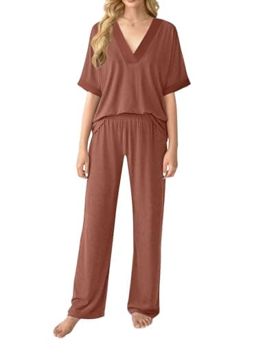 GKBK Womens Two Piece Outfits Pajama Sets 3/4 Dolman Sleeve V Neck Sleepwear Nightwear Loungewear Matching Pjs 2 Piece Lounge Set Lightweight Sweatsuit Fall Fashion Ooutfit Brown M - Thumbnail 2