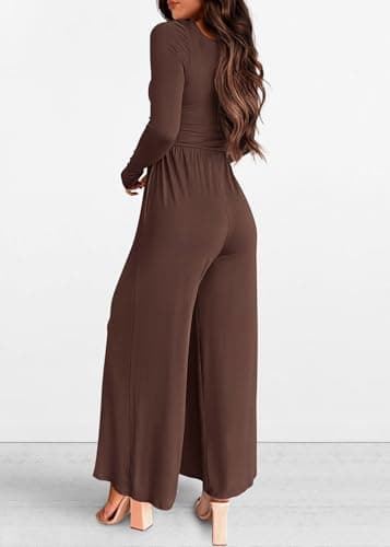 KIRUNDO Long Sleeve Jumpsuit for Women 2026 Spring Outfits Summer One Piece Square Neck Wide Leg Pants Romper With Pockets(Coffee, Large) - Thumbnail 2