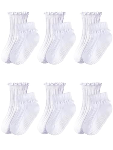 ALLOVIN 6 Pairs Non-Slip Ruffle Socks for Baby & Toddler Girls – Soft Cotton Grip Socks | 6 Pairs Pure White | 3-5 Years - Image 1