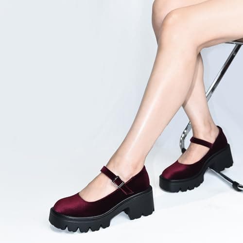 Elvora Women's Mary Jane Shoes - Platform Mary Janes for Women, Burgundy Velvet Round Toe Chunky Dress Shoes with Adjustable Ankle Strap - Thumbnail 6