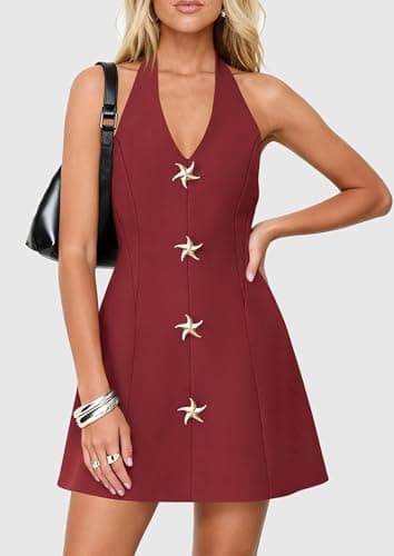 PRETTYGARDEN Summer Cocktail Dresses for Women Short 2026 Spring Halter V Neck Beach Party Backless A Line Mini Dress (Burgundy,Large) - Thumbnail 3