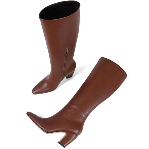 Tarkwa Women's Knee High Boots, Comfortable Square Toe Faux Leather Boot Fashion Long Tall Boots for Riding Chunky High Heeled Dress/Casual Boot, Brown Size 10 - Thumbnail 5