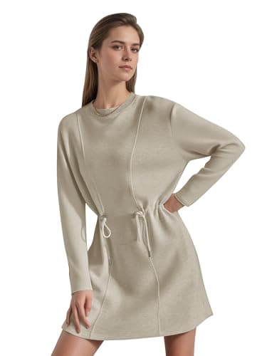 COCOMARTS Womens Long Sleeve Crewneck Sweatshirt Dress Drawstring Waistband Casual Tunic Tops Mini Dresses 2025 Fall Clothes Khaki X-Large - Thumbnail 2