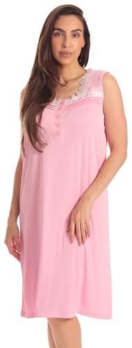 Dreamcrest Women's Sleeveless Henley Nightgown, Soft Stretch Sleep Dress with Lace Trim, Pink, Medium - Image 1