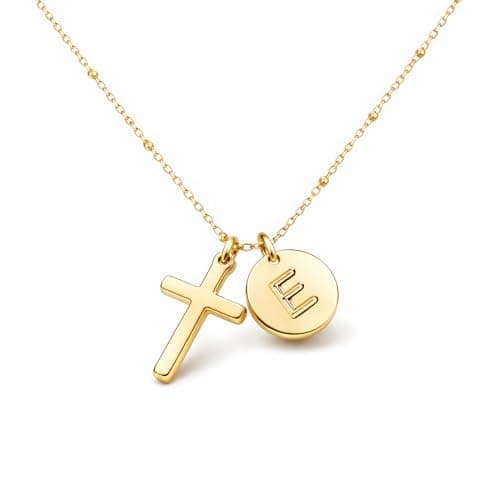 Fohufo Gold Cross Necklace for Women - Easter Basket Stuffers for Adult, Christian Gifts for Women Gold Cross Necklace, Initial Necklaces, Easter Christian Birthday Gifts, E Initial Necklaces - Image 1
