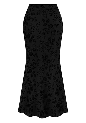 BTFBM Womens Floral Mesh Maxi Skirt 2026 Spring Summer Elastic High Waisted Boho Elegant Mermaid Long Skirts for Women(Black, X-Small) - Image 1