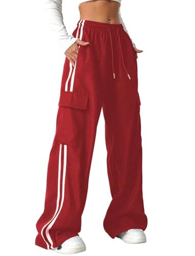 ZAFUL Womens Parachute Pants Y2K Wide Leg Cargo Sweatpants Drawstring Waist Jogger Pants with Pockets 2-Red L - Image 1