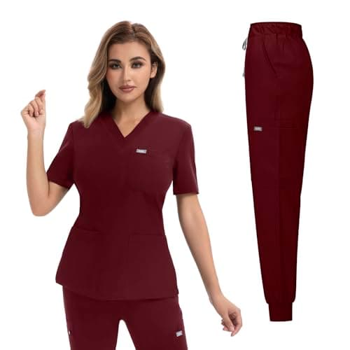 YEZEX Women's Medical Scrub Set, V-Neck Top & Jogger Pants, 10 Pockets, Bergundy