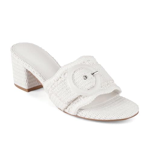 Grakihily Womens Raffia Mule Slides Sandals Open Toe Backless Buckle Heeled Sandals Chunky Block Heel Bohemia Beach Dressy Slip on Summer Vacation Shoes,White Size 8 - Image 1