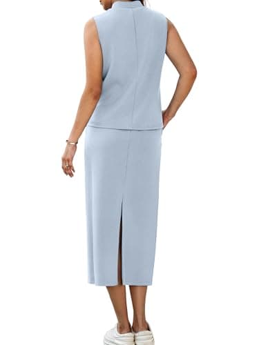 Casly Lamiit Womens 2 Piece Lounge Set Casual Airport Outfits Spring Sleeveless Maxi Skirt Travel Set with Pockets Going Out Lounge Wear Light Blue 2XL - Thumbnail 2