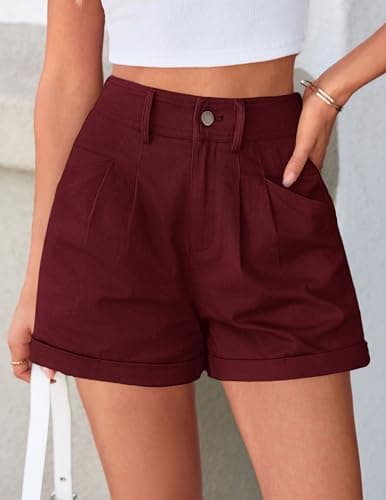 PRETTYGARDEN High Waisted Shorts Women 2026 Summer Business Casual Trousers Pleated Tailored Cuffed Bottoms with Pockets(Wine Red,Medium) - Thumbnail 5
