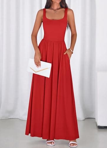 BTFBM Summer Dresses for Women 2026 Maxi Casual Square Neck Flowy Long Sundress Spring Wedding Guest Cocktail Dress(Red, XX-Large) - Thumbnail 4