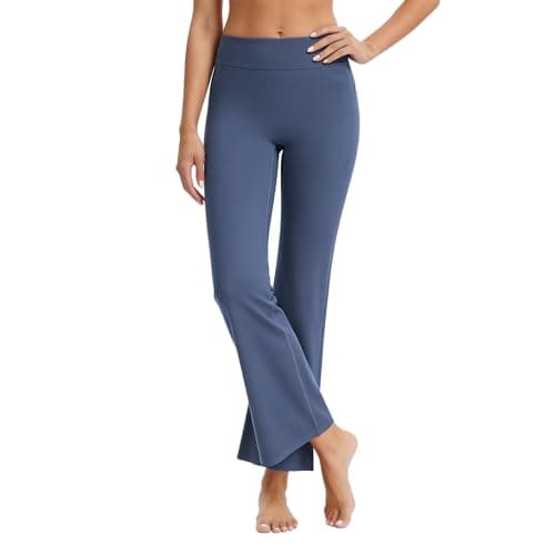 AMLEER Women's High Waist Full-Length Flare Leggings with Side Slit - Tummy Control Butt Lifting Gym Yoga Pants (Blue, Large) - Image 1