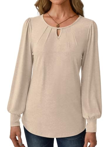 GKBK Womens Long Puff Sleeve Tops Dressy Business Casual Blouses Basic Loose Fit Round Neck Work Shirt Pleated Keyhole Cute Comfy 2025 Fall Winter Fashion Clothing Outfits Beige Small - Thumbnail 5