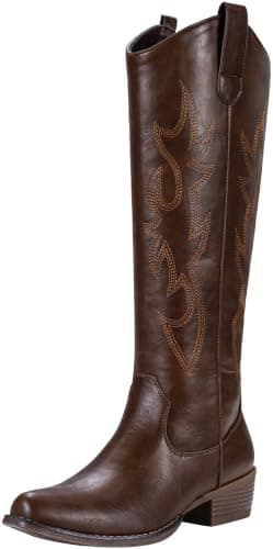 Jeossy Women's Whisky Red Brown Cowboy Boots Embroided Western Cowgirl Boots Round Toe Knee High Pull on Wide Calf Shoes with Inside Zipper Size 10 (DJY9809 whisky 10) - Image 1