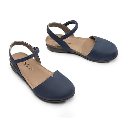 Athlefit Closed Toe Sandals for Women Comfort Cork Footbed Arch Support Flat Sandals Navy Size 6.5 - Thumbnail 6