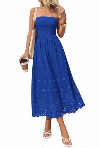 PRETTYGARDEN Womens Summer Dresses 2026 Sexy Sleeveless Tube Top Long Dress Eyelet Cotton Maxi Beach Sundress Pockets(Blue,Medium) - Image 1