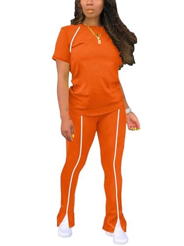 STOLKISS Two Piece Outfits For Women Casual Spring Summer Jogging Suits Fitted Crew Neck T-shirt High Waist Pants Matching Sets Streetwear Orange XL - Image 1