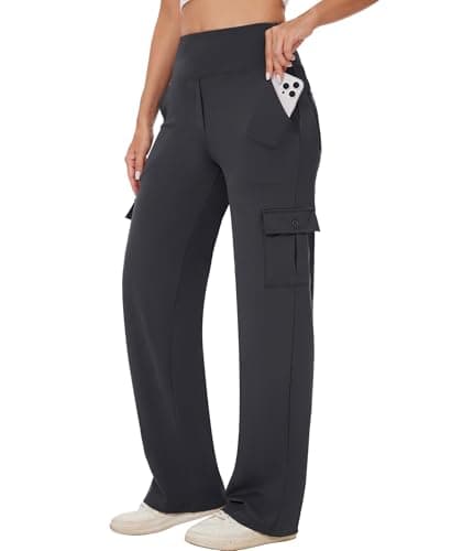 LXP Yoga Cargo Pants - Women's Wide Leg High Waist Stretch Dress Casual Business Work Travel Pants, 29", Dark Gray, 2XL - Image 1
