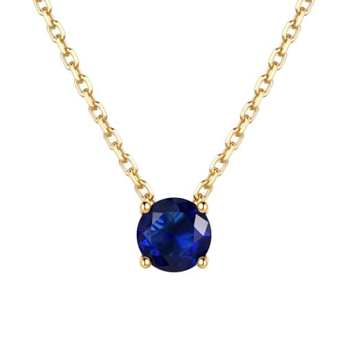 Just Being Cute 14K Gold Plated Crystal Solitaire 1.0 Carat(6.5mm) Birthstone Pendant Cubic Zirconia Necklace, Dainty Sterling Silver Necklace for Women, Birthday Mother's Day Gifts-Sapphire - Image 1