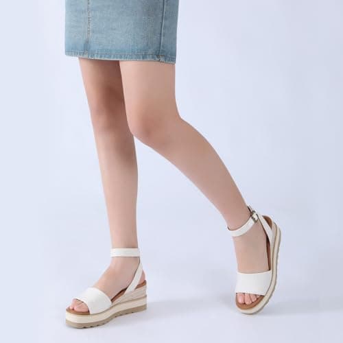 Athlfit Women's Open Toe Buckle Ankle Strap Summer Casual Espadrille Platform Wedge Sandals, Beige, Size 11, AD00442 - Thumbnail 2